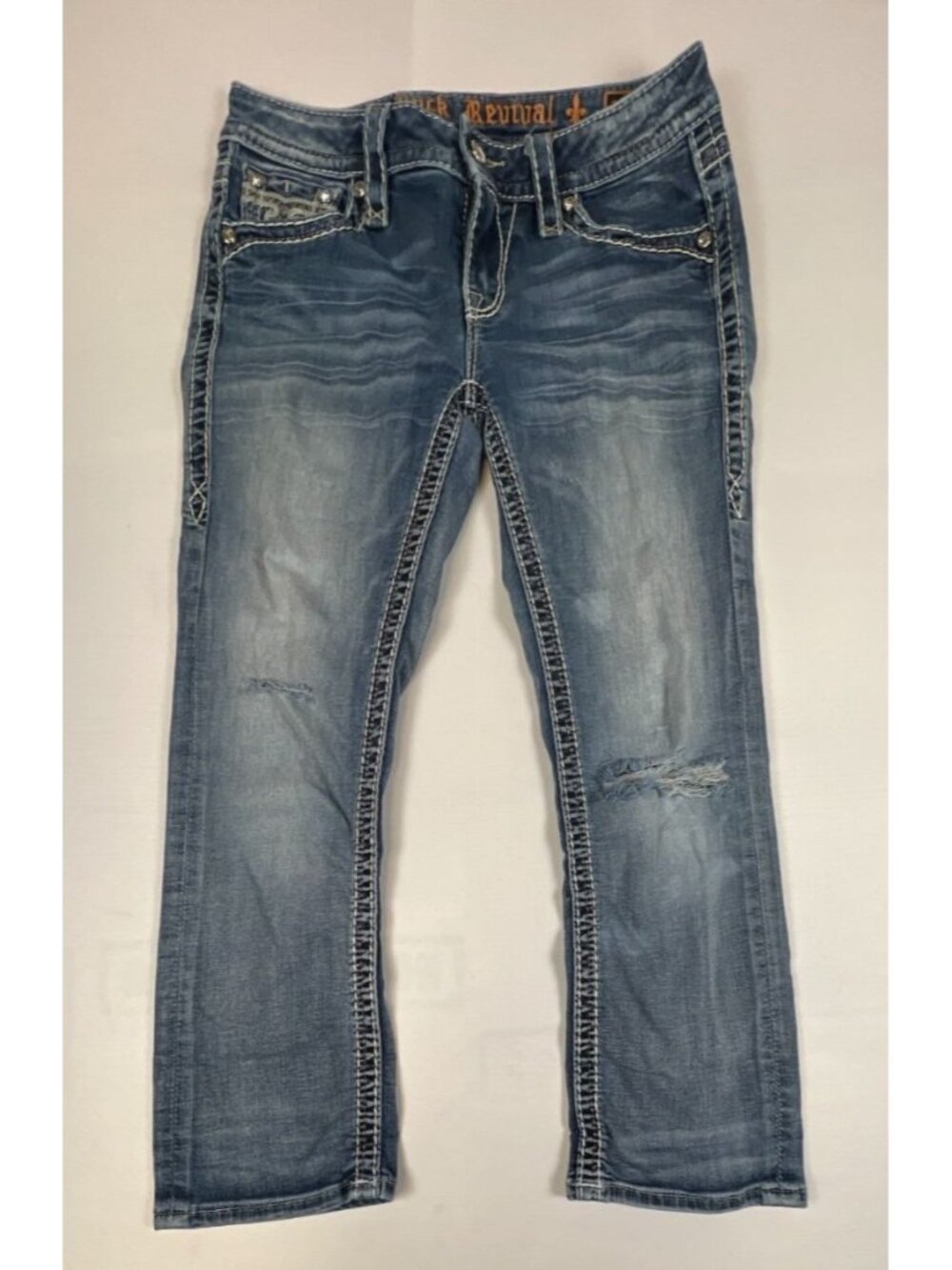 Rock Revival Women 26 Audrina VC2 Mid-Rise Curvy Capri Distressed Embellished